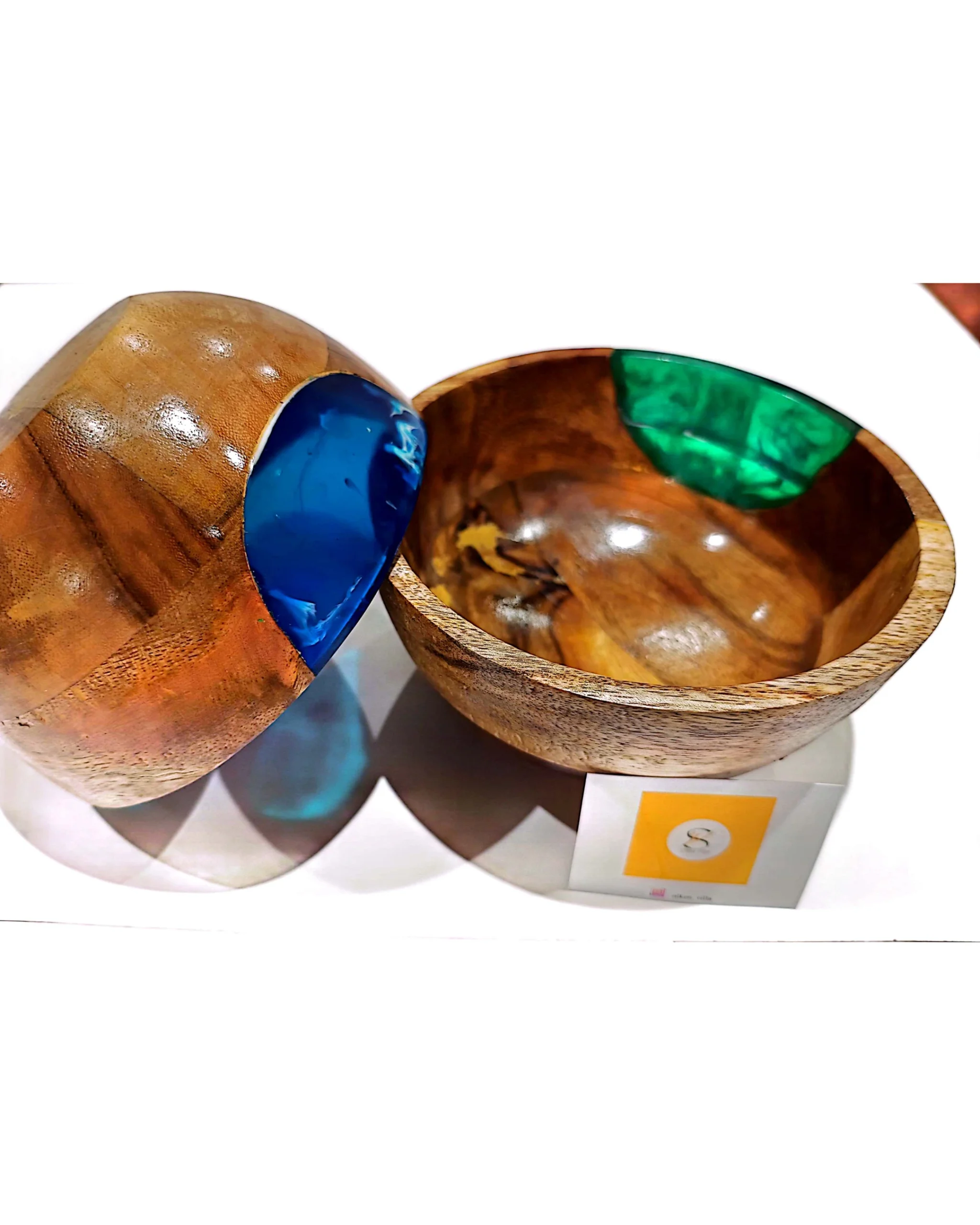 Designer Wooden Bowl - Green Resin - Image 5