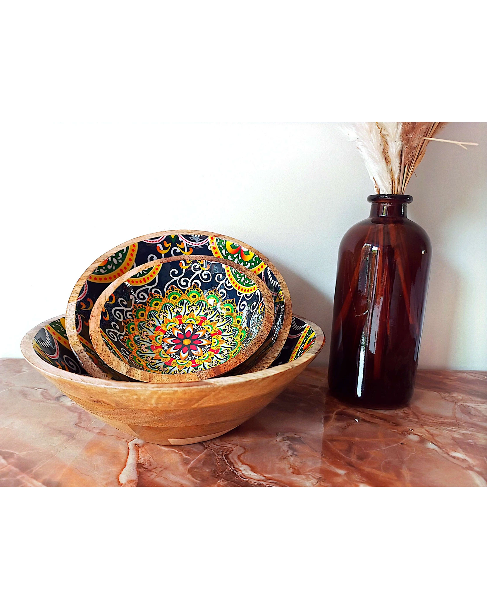 Artistic Printed Wooden Bowls - Festive Colours - Image 2