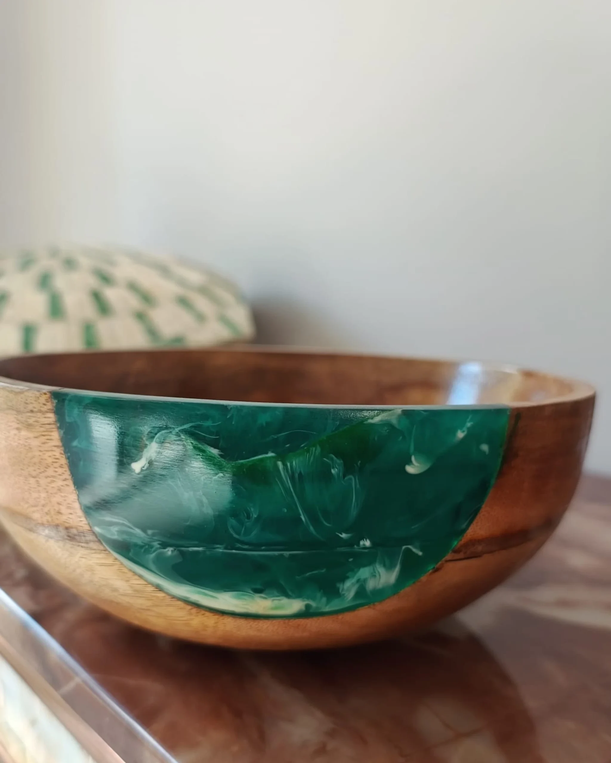 Designer Wooden Bowl - Green Resin - Image 6