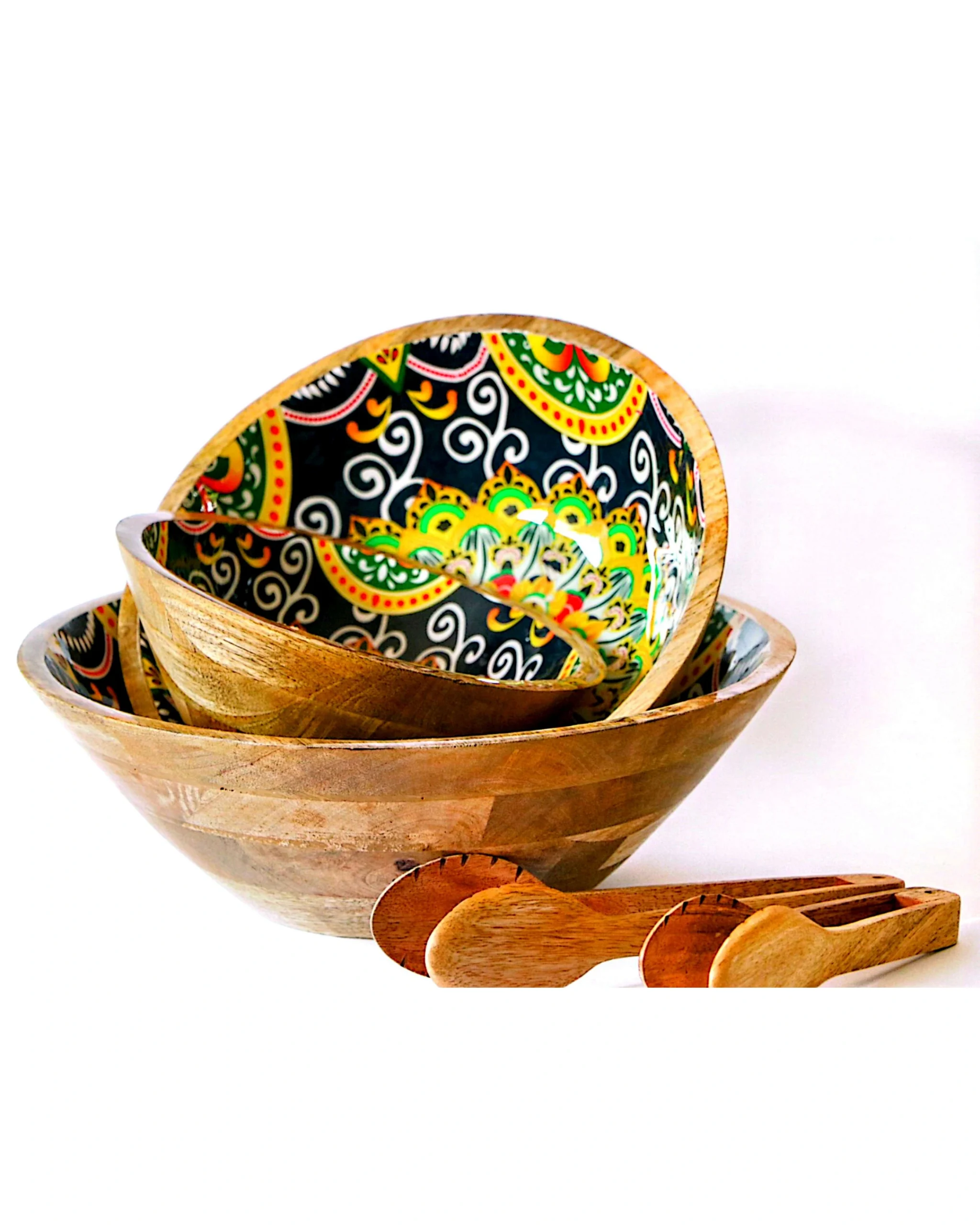 Artistic Printed Wooden Bowls - Festive Colours