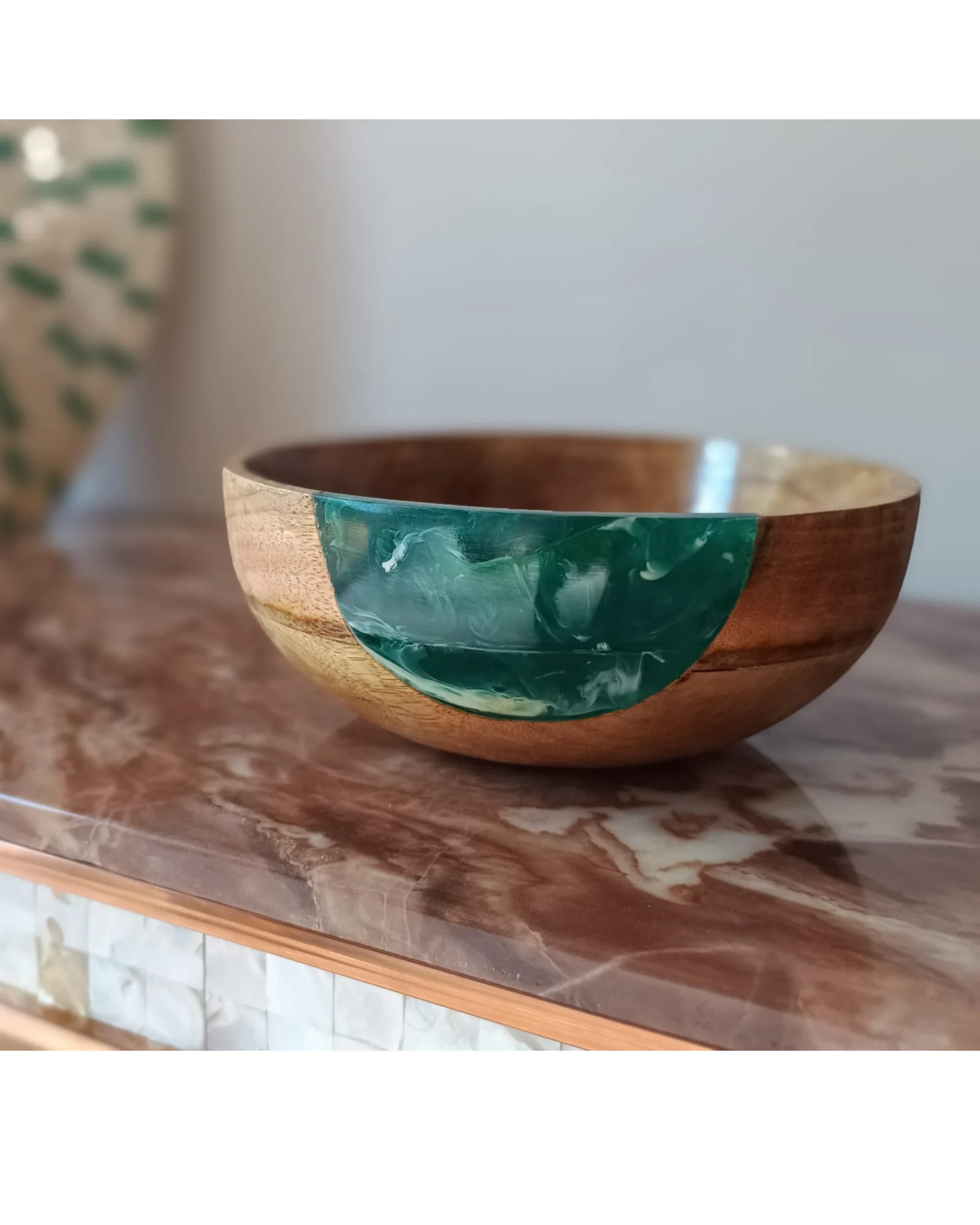 Designer Wooden Bowl - Green Resin - Image 7