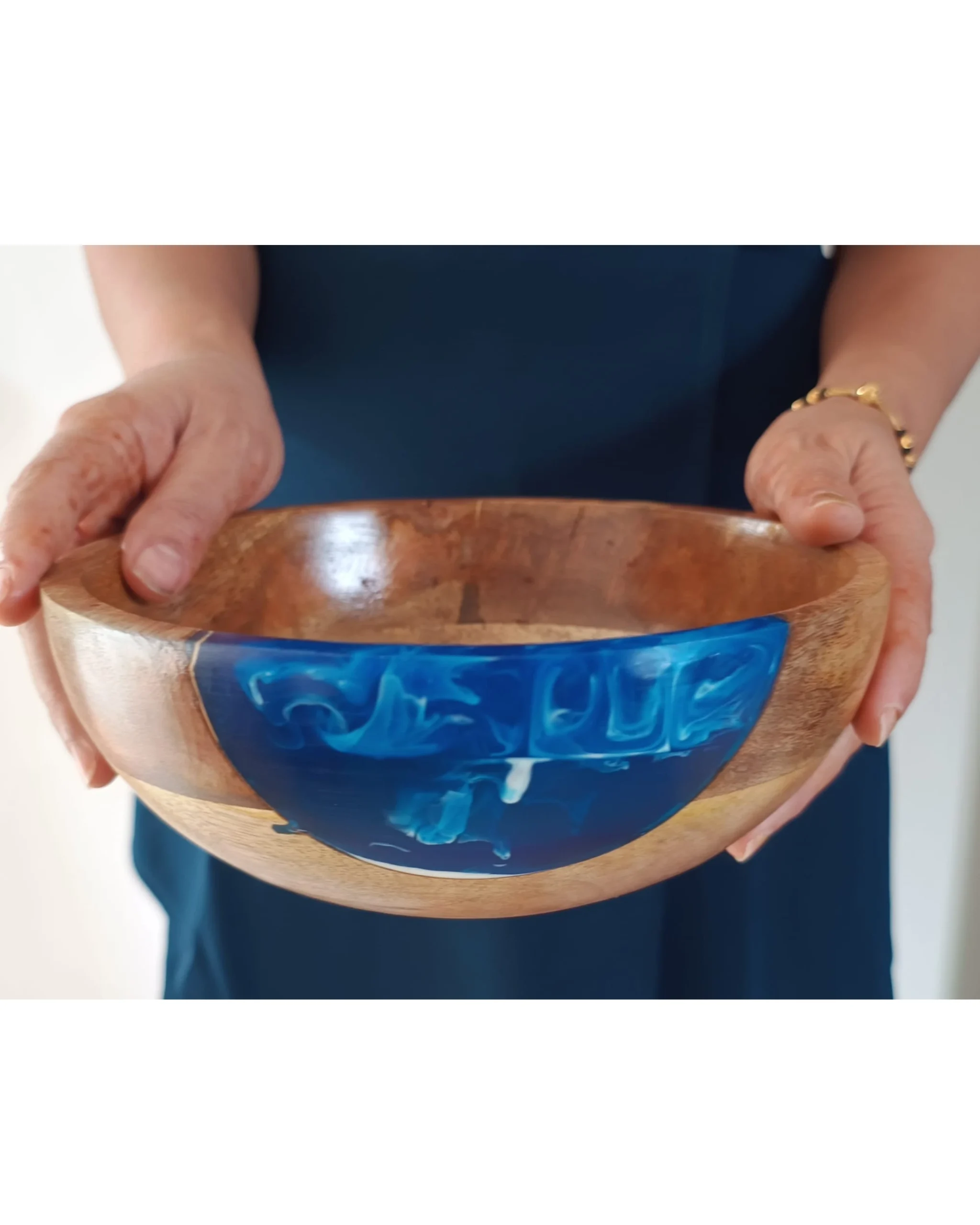 Designer Wooden Bowl - Blue Resin - Image 7