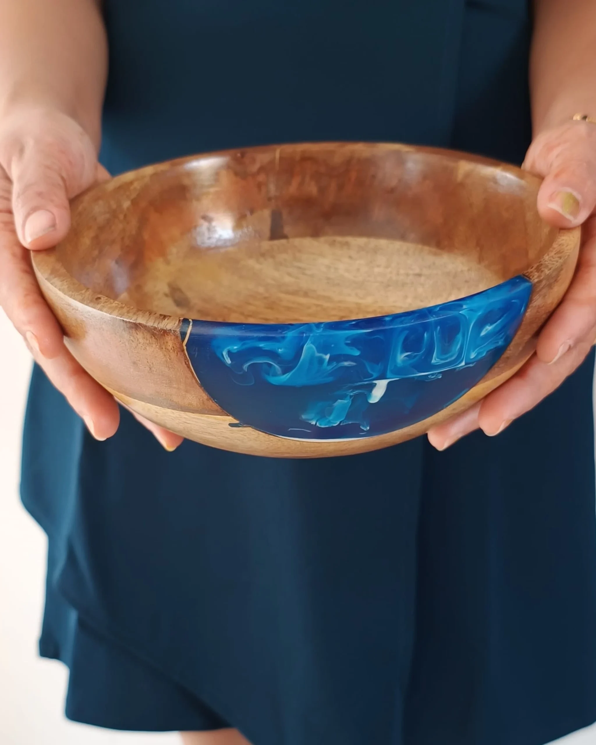 Designer Wooden Bowl - Blue Resin - Image 8
